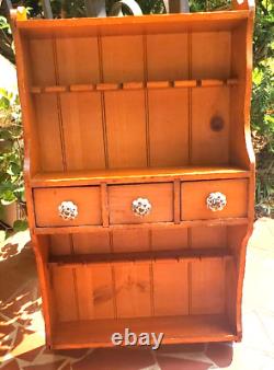 Antique Hand Made Maple Spoon Rack Shelf w Drawers Blue White Porcelain Knobs