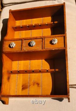 Antique Hand Made Maple Spoon Rack Shelf w Drawers Blue White Porcelain Knobs