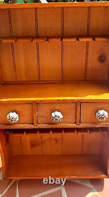 Antique Hand Made Maple Spoon Rack Shelf w Drawers Blue White Porcelain Knobs