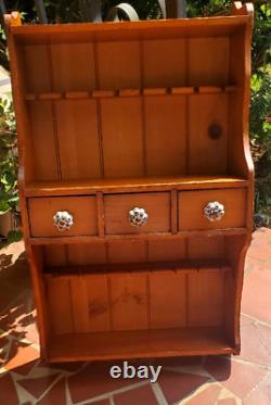 Antique Hand Made Maple Spoon Rack Shelf w Drawers Blue White Porcelain Knobs