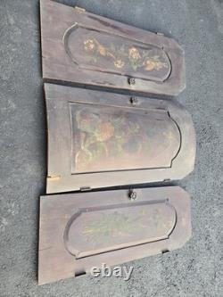 Antique Hand Painted Floral Wood Cabinet Doors Set of 3 Raised Panel