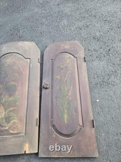 Antique Hand Painted Floral Wood Cabinet Doors Set of 3 Raised Panel