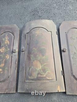 Antique Hand Painted Floral Wood Cabinet Doors Set of 3 Raised Panel