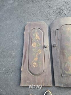 Antique Hand Painted Floral Wood Cabinet Doors Set of 3 Raised Panel