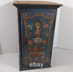 Antique Hand Painted St. Sebastian Wooden Cabinet Box Reliquary