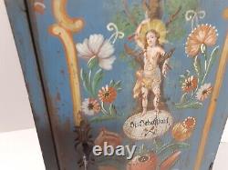 Antique Hand Painted St. Sebastian Wooden Cabinet Box Reliquary