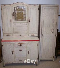 Antique Hoosier Cabinet w Side Cabinet Arch Top Deco White/Red Flowers Oak BOONE