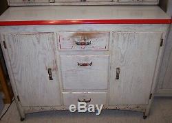 Antique Hoosier Cabinet w Side Cabinet Arch Top Deco White/Red Flowers Oak BOONE