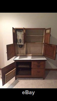 Antique Hoosier Kitchen Cabinet with Stained Glass