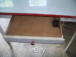 Antique Hoosier Style FLOUR Sifter Cabinet with RED TRIM & Matching Enamel Table