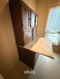 Antique Hoosier cabinet wood stained glass doors drawers original