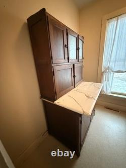 Antique Hoosier cabinet wood stained glass doors drawers original