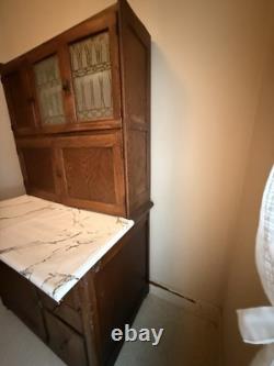 Antique Hoosier cabinet wood stained glass doors drawers original