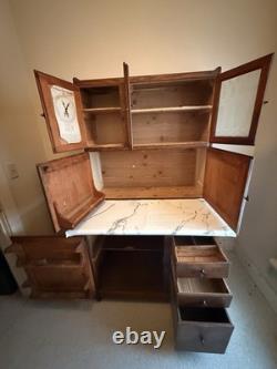 Antique Hoosier cabinet wood stained glass doors drawers original