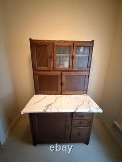 Antique Hoosier cabinet wood stained glass doors drawers original