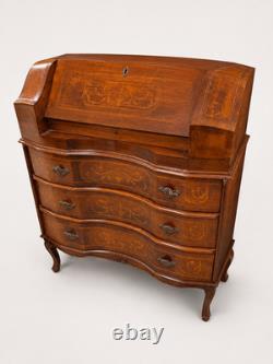 Antique Inlaid Secretary Desk Bombe Drop Front Bureau Cabriole Legs Key