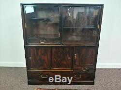 Antique Japanese Elm & Persimmon Wood Display Cabinet with Glass Doors