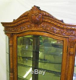 Antique Large Oak Curved Glass Curio China Cabinet