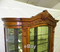 Antique Large Oak Curved Glass Curio China Cabinet