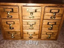 Antique Library Card Catalog Apothecary Wood Cabinet 9 Drawer Oak
