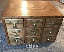 Antique Library Card Catalog Apothecary Wood Cabinet 9 Drawer Oak