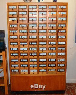 Antique Library Card Catalog Cabinet 72 Drawer solid maple and brass
