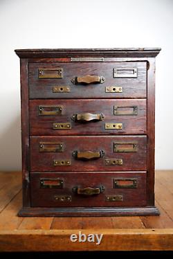 Antique Library Card Catalog Wood Oak 4 drawer file box brass pulls recipe card