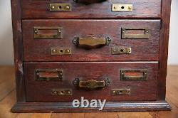 Antique Library Card Catalog Wood Oak 4 drawer file box brass pulls recipe card