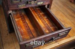 Antique Library Card Catalog Wood Oak 4 drawer file box brass pulls recipe card