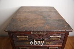 Antique Library Card Catalog Wood Oak 4 drawer file box brass pulls recipe card