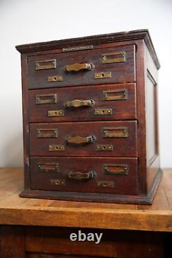 Antique Library Card Catalog Wood Oak 4 drawer file box brass pulls recipe card