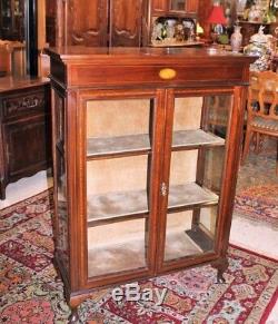 Antique Mahogany Queen Anne Inlaid Wood Glass Door Display Cabinet Bookcase