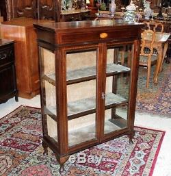 Antique Mahogany Queen Anne Inlaid Wood Glass Door Display Cabinet Bookcase