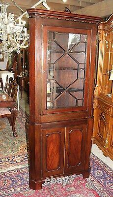 Antique Mahogany Wood 2 Door Tall Narrow Corner Cabinet With Light