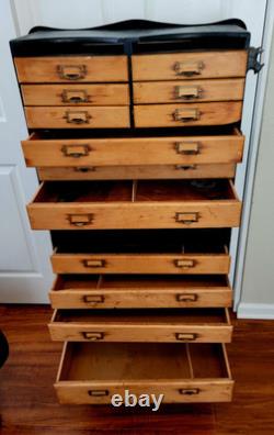 Antique Maple Wood Apothecary Cabinet 14 Dovetail Drawers Documents 53X23X 16
