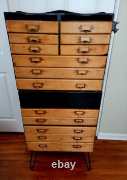 Antique Maple Wood Apothecary Cabinet 14 Dovetail Drawers Documents 53X23X 16