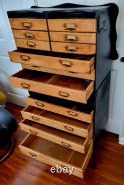 Antique Maple Wood Apothecary Cabinet 14 Dovetail Drawers Documents 53X23X 16