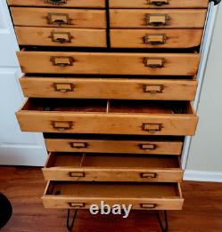 Antique Maple Wood Apothecary Cabinet 14 Dovetail Drawers Documents 53X23X 16