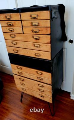 Antique Maple Wood Apothecary Cabinet 14 Dovetail Drawers Documents 53X23X 16