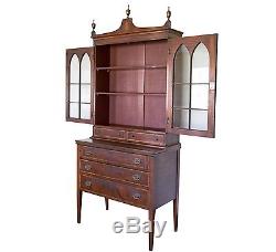 Antique Massachusetts Federal Inlaid Mahogany Two Part Secretary Bookcase w Key