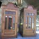 Antique Matching Pair Walnut Wall Display Cabinets Arches Victorian Key 40 1/2