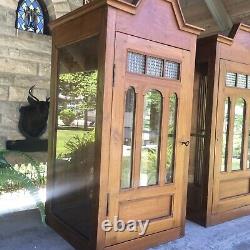 Antique Matching Pair Walnut Wall Display Cabinets Arches Victorian Key 40 1/2