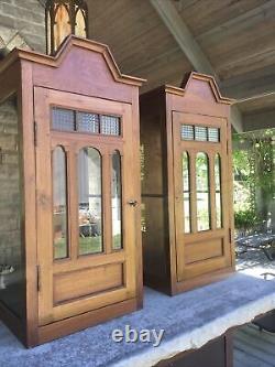 Antique Matching Pair Walnut Wall Display Cabinets Arches Victorian Key 40 1/2
