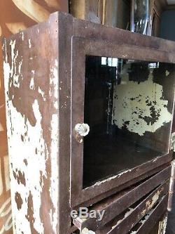 Antique Medical Cabinet, Industrial Metal And Glass Cabinet, Chippy Cabinet