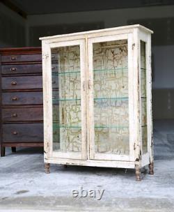 Antique Medical Cabinet Wood Glass Display Case Vintage apothecary Chippy white