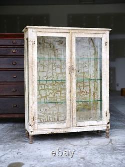 Antique Medical Cabinet Wood Glass Display Case Vintage apothecary Chippy white