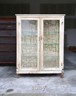 Antique Medical Cabinet Wood Glass Display Case Vintage apothecary Chippy white
