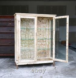 Antique Medical Cabinet Wood Glass Display Case Vintage apothecary Chippy white