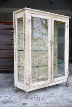 Antique Medical Cabinet Wood Glass Display Case Vintage apothecary Chippy white