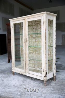 Antique Medical Cabinet Wood Glass Display Case Vintage apothecary Chippy white